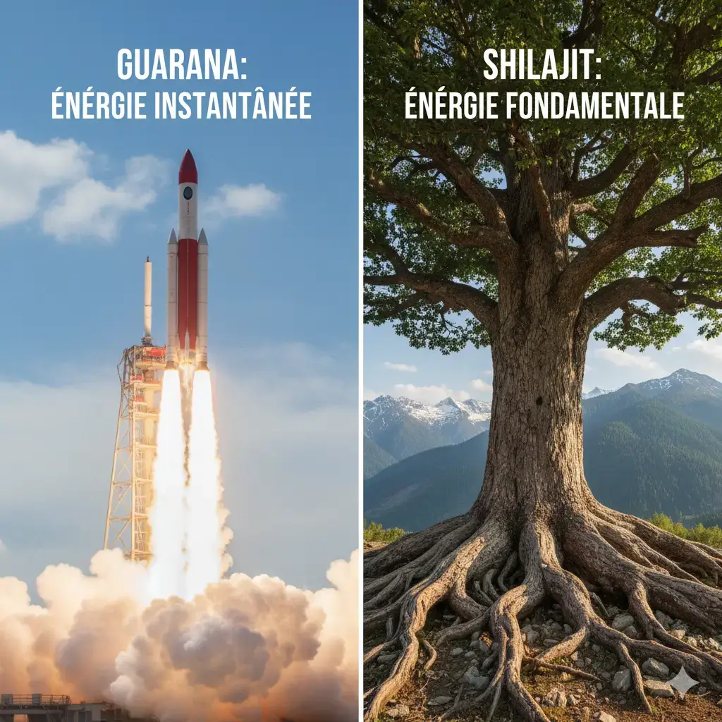 🌟 Le shilajit soutient la production d'ATP pour une énergie durable, grâce à ses 80+ minéraux et acide fulvique. Contrairement au guarana (caféine rapide mais éphémère), il évite les "coups de barre" et convient aux besoins chroniques. Idéal pour vitalité globale et bien-être durable.