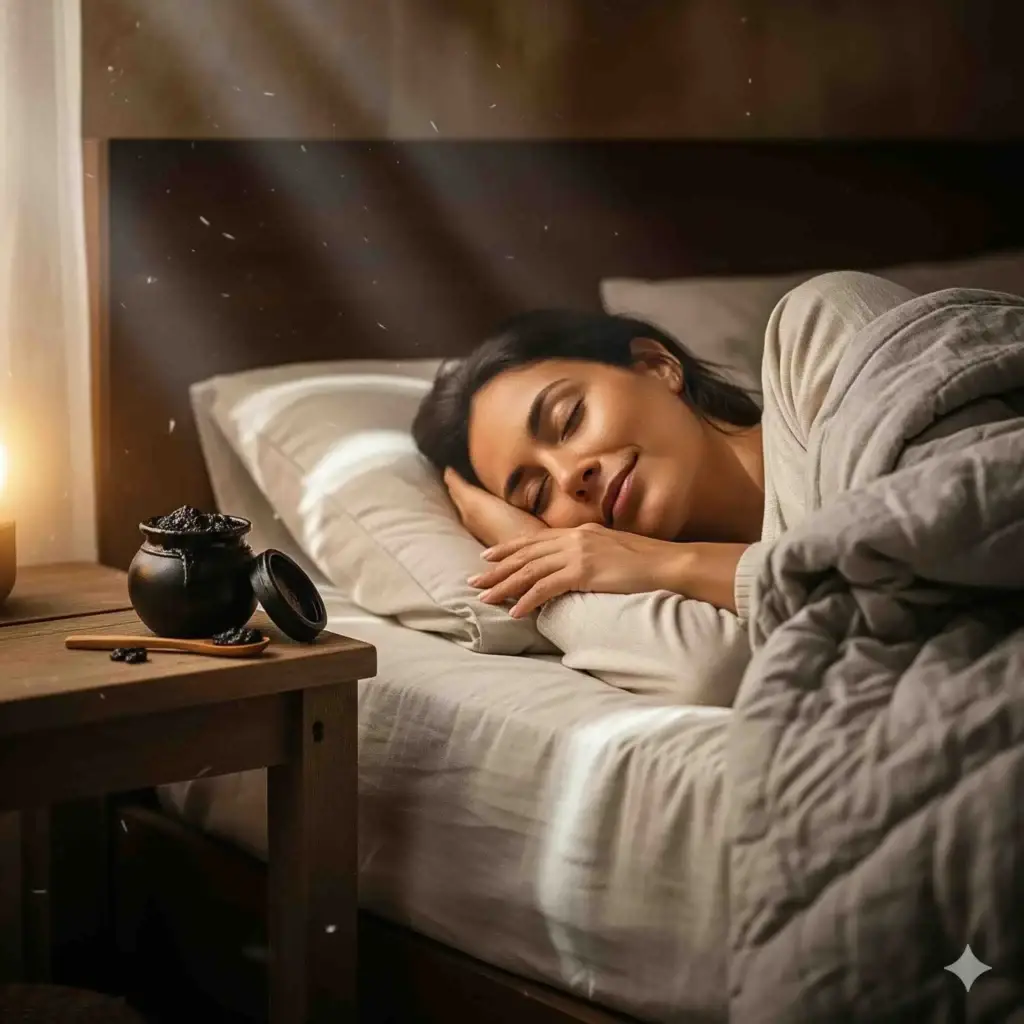 une femme qui s'endort avec un pot de shilajit