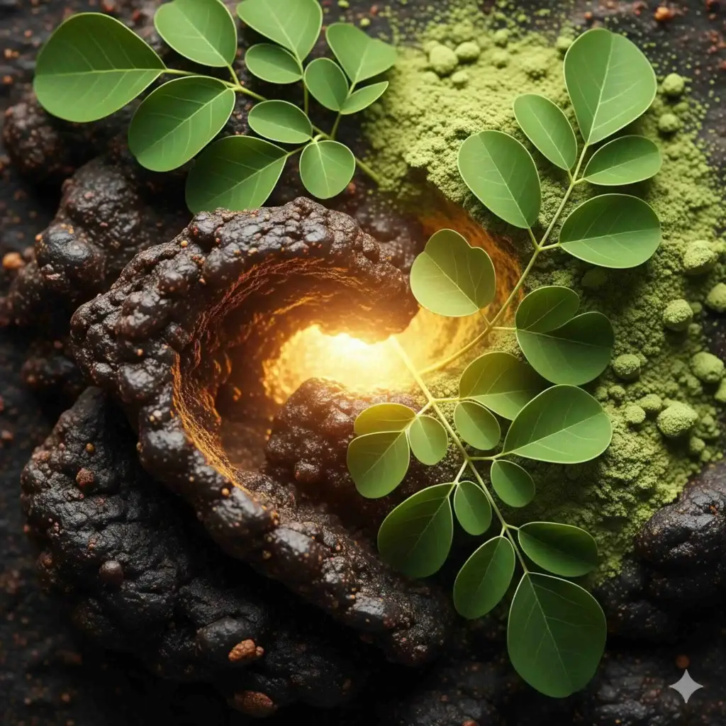 Le shilajit (80+ minéraux + acide fulvique) stimule l'énergie cellulaire et améliore la mémoire. Le moringa (vitamines A, C, E + quercétine) excelle en anti-inflammatoires. Ensemble, ils renforcent la bioabsorption des nutriments.