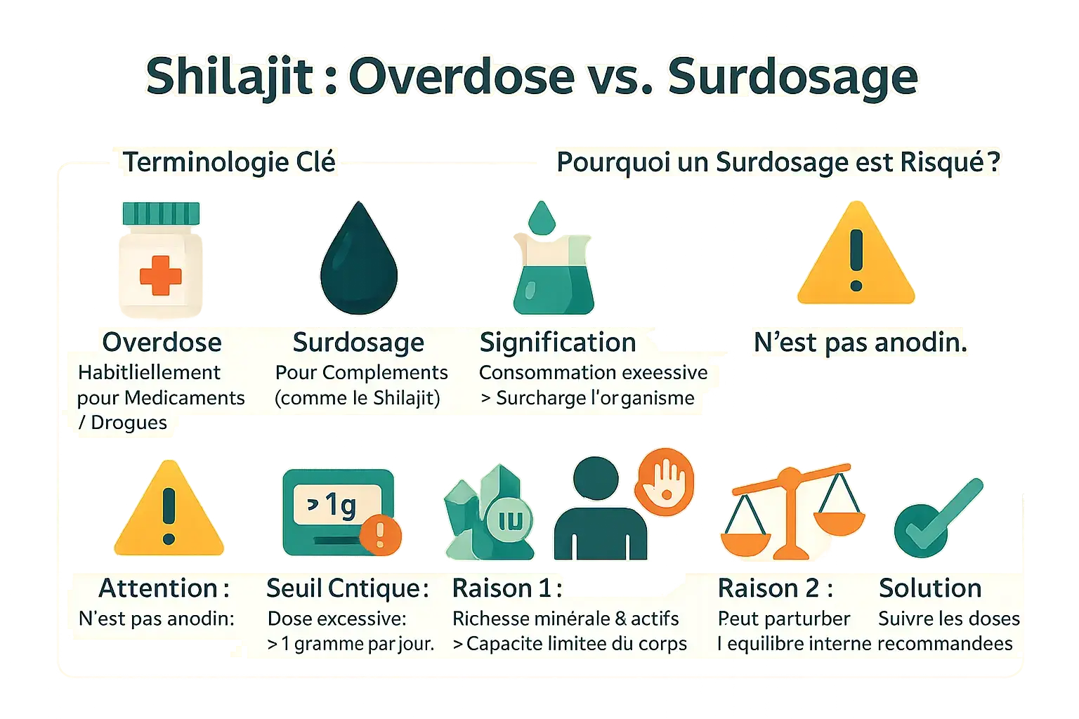 Surdosage ou overdose de shilajit : dangers et précautions essentielles Schéma comparatif <strong>surdose vs overdose de shilajit</strong>
