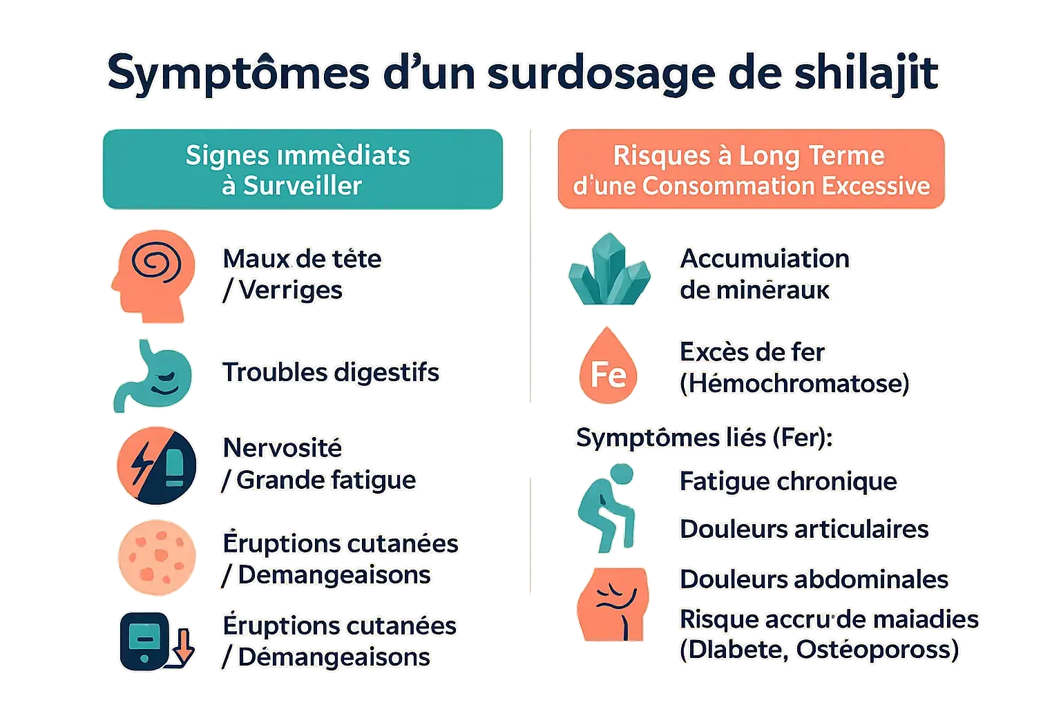 Surdosage ou overdose de shilajit : dangers et précautions essentielles Symptômes d'un surdosage de shilajit : fatigue, maux de tête et autres risques