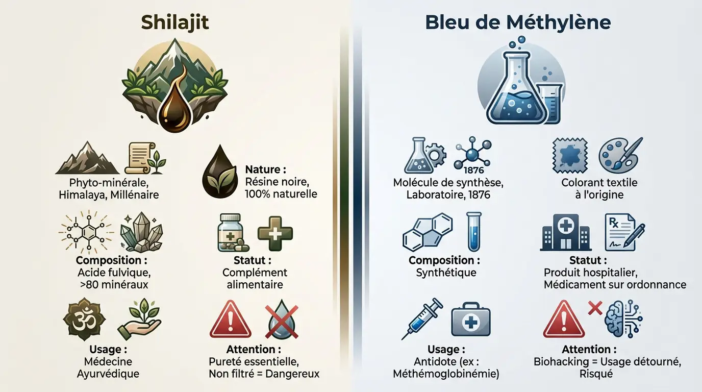 Shilajit vs bleu de méthylène : risques et bienfaits réels <strong>Comparaison visuelle entre la résine naturelle de shilajit et la solution synthétique de bleu de méthylène</strong>