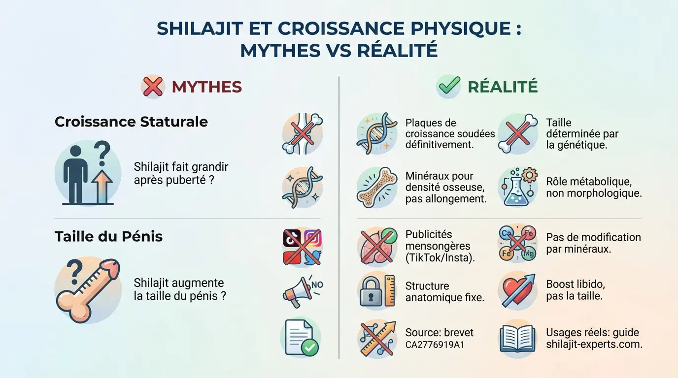 Schéma comparatif entre les mythes de croissance liés au shilajit et la réalité biologique