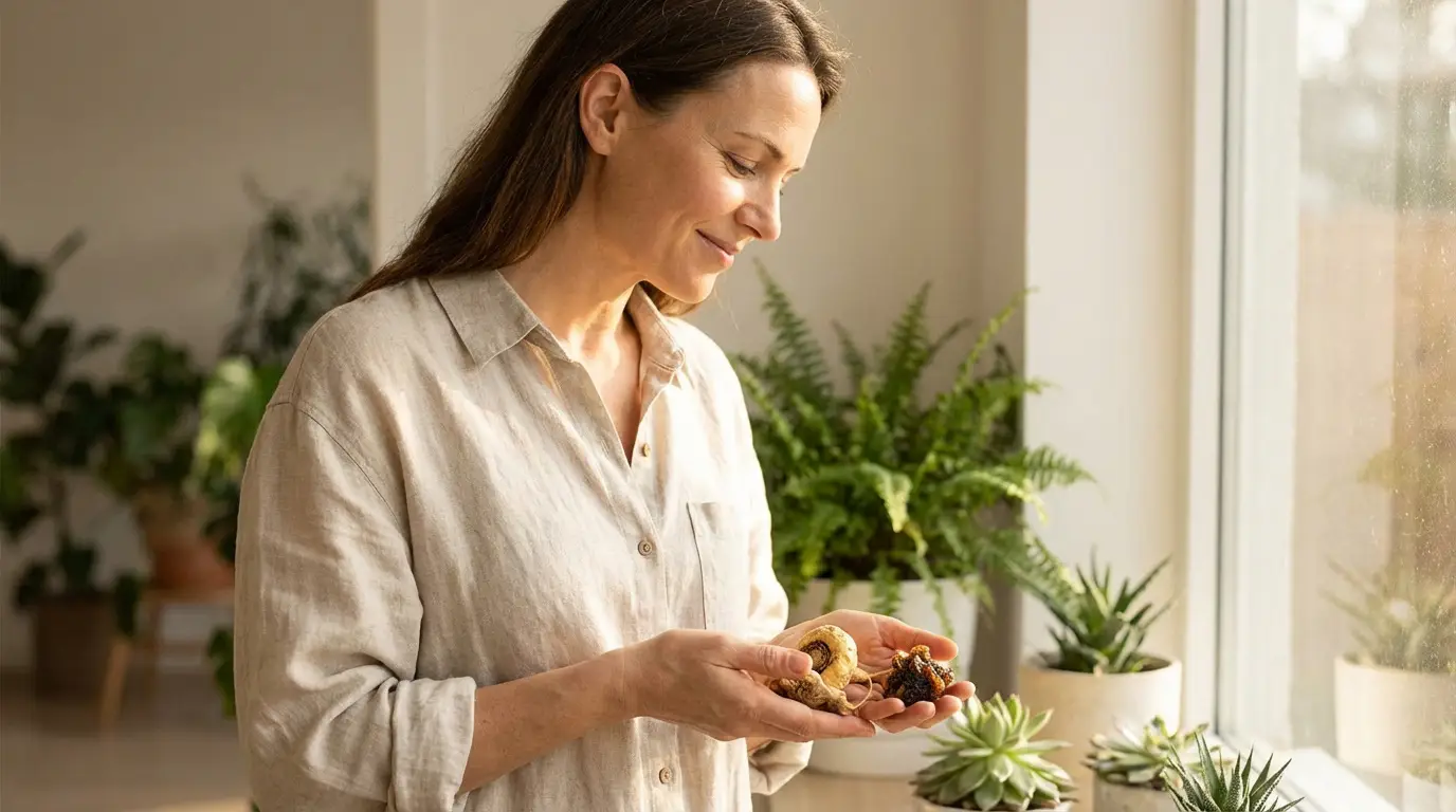 Femme souriante tenant des racines de maca et autres ingrédients naturels devant une fenêtre avec des plantes d'intérieur.
