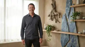 Accueil Shilajit Experts Homme mature souriant en chemise grise dans un intérieur lumineux. Décoration naturelle avec bois flotté, plantes vertes et pierres murales.