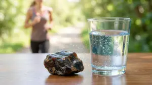 Accueil Shilajit Experts Morceau de shilajit et verre d'eau pétillante sur une table, avec une coureuse floue en arrière-plan verdoyant. Évoque hydratation et énergie naturelle.