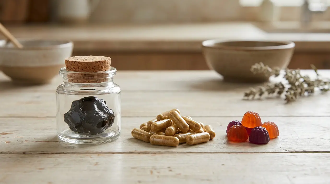 Un pot de résine de shilajit, des gélules et des gummies colorées présentés sur une table en bois claire, illustrant les différentes formes du complément.