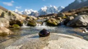 Accueil Shilajit Experts Shilajit noir et brillant sur roche mouillée, avec un ruisseau clair et des sommets himalayens enneigés en arrière-plan.